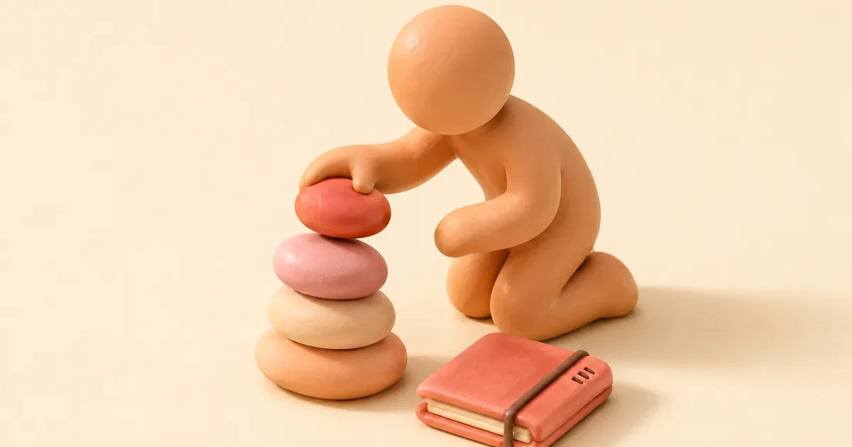 A small clay figure kneeling to place one smooth pebble on top of a short stack of pebbles, with a small closed clay notebook beside the stack